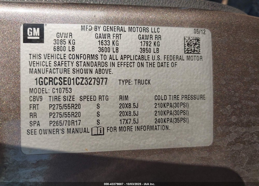 2012 CHEVROLET SILVERADO 1500 LT VIN: 1GCRCSE01CZ327977