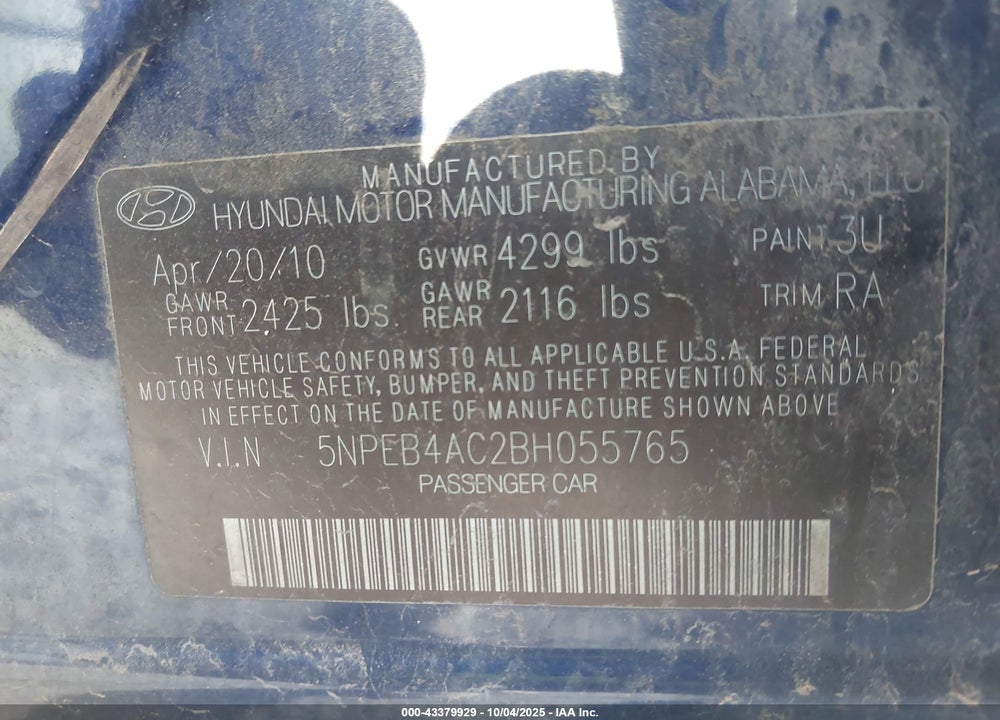 2011 HYUNDAI SONATA VIN: 5NPEB4AC2BH055765