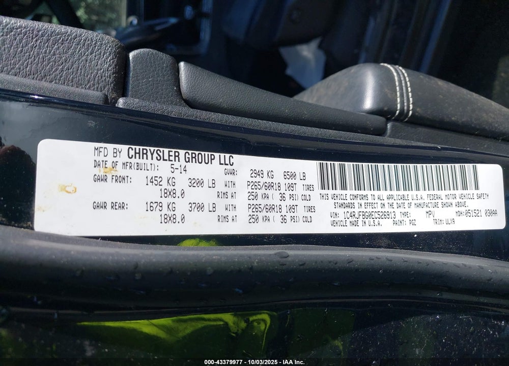 2014 JEEP GRAND CHEROKEE VIN: 1C4RJFBG0EC526913