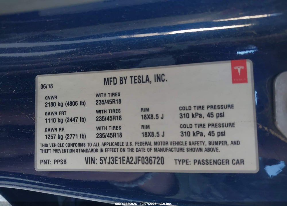 2018 TESLA MODEL 3 VIN: 5YJ3E1EA2JF036720