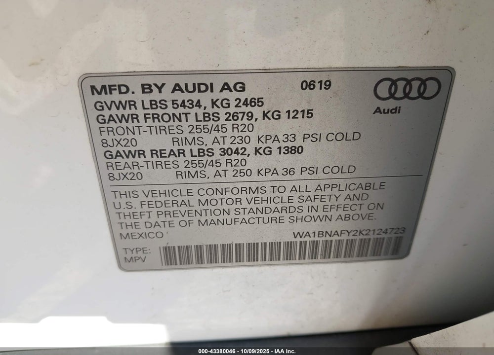 2019 AUDI Q5 VIN: WA1BNAFY2K2124723