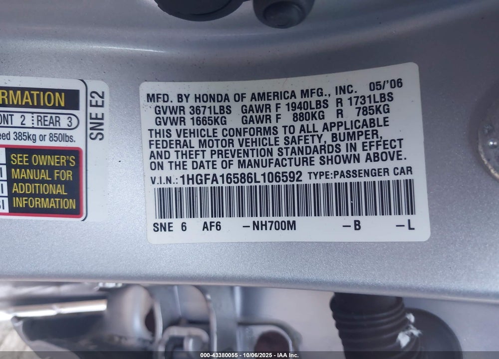 2006 HONDA CIVIC LX VIN: 1HGFA16586L106592