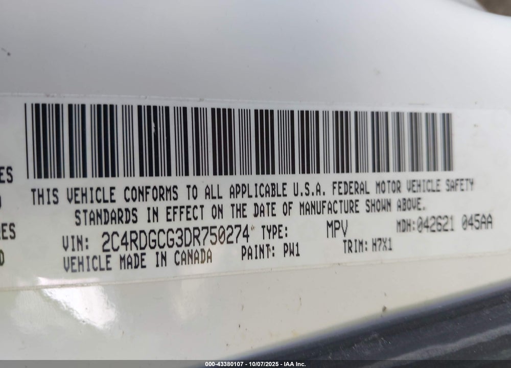 2013 DODGE GRAND CARAVAN SXT VIN: 2C4RDGCG3DR750274