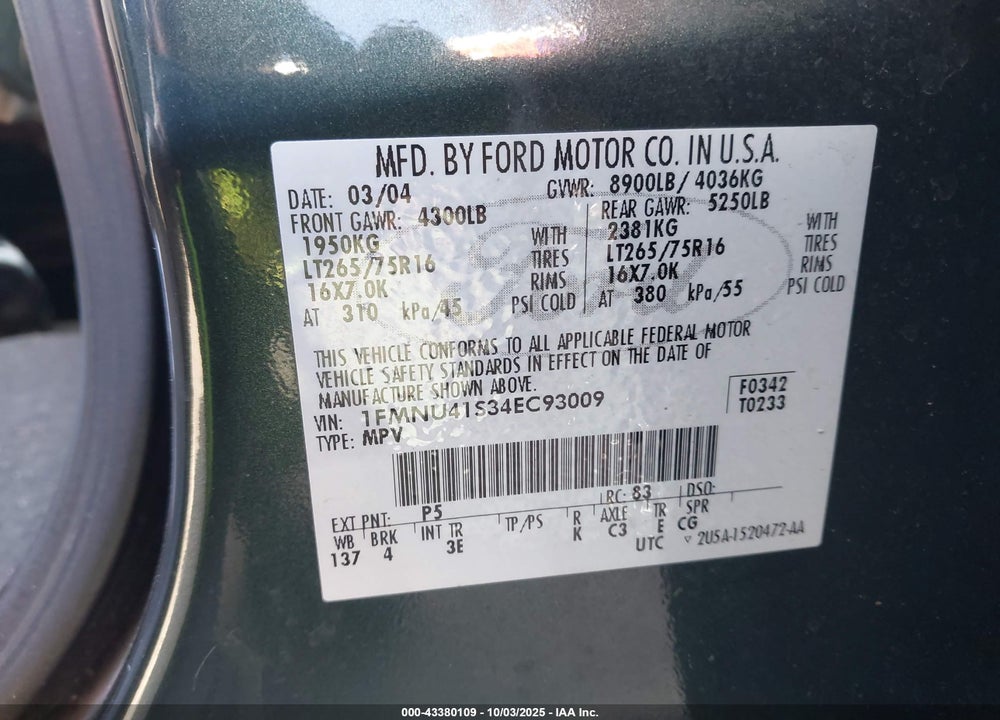 2004 FORD EXCURSION XLS/XLT VIN: 1FMNU41S34EC93009