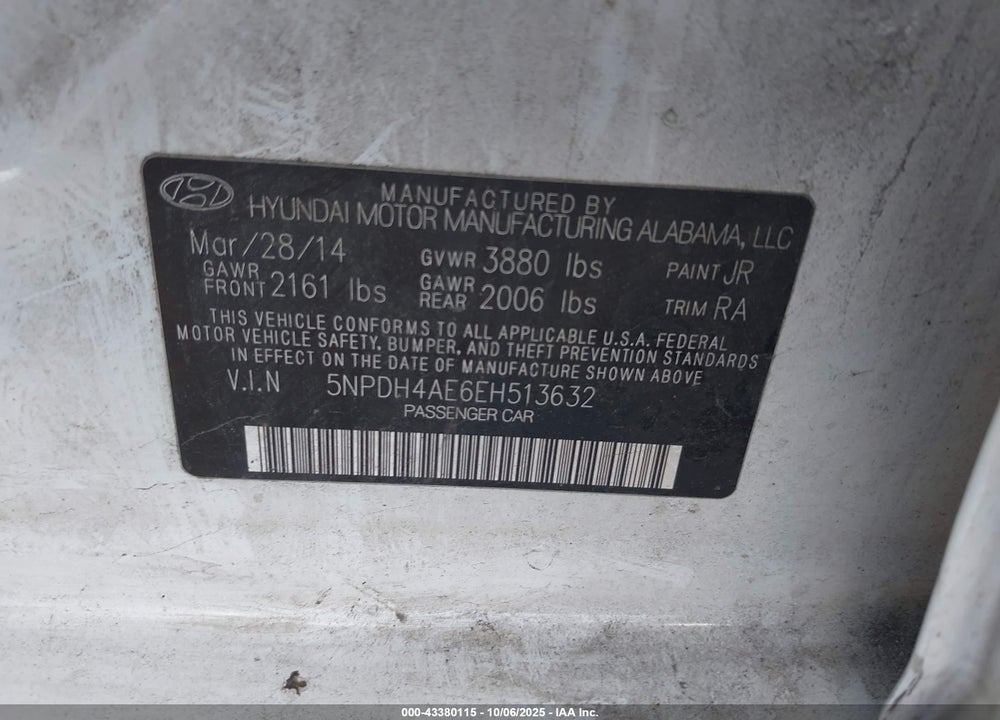 2014 HYUNDAI ELANTRA VIN: 5NPDH4AE6EH513632