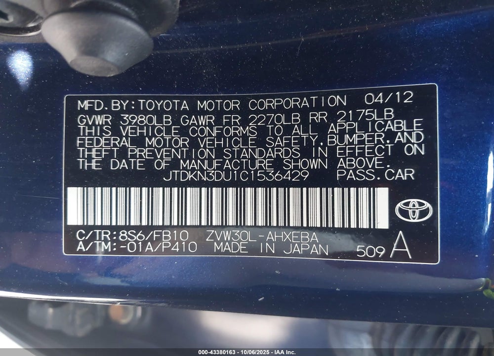 2012 TOYOTA PRIUS VIN: JTDKN3DU1C1536429