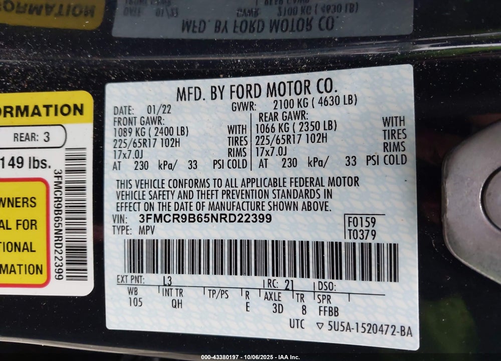2022 FORD BRONCO SPORT VIN: 3FMCR9B65NRD22399