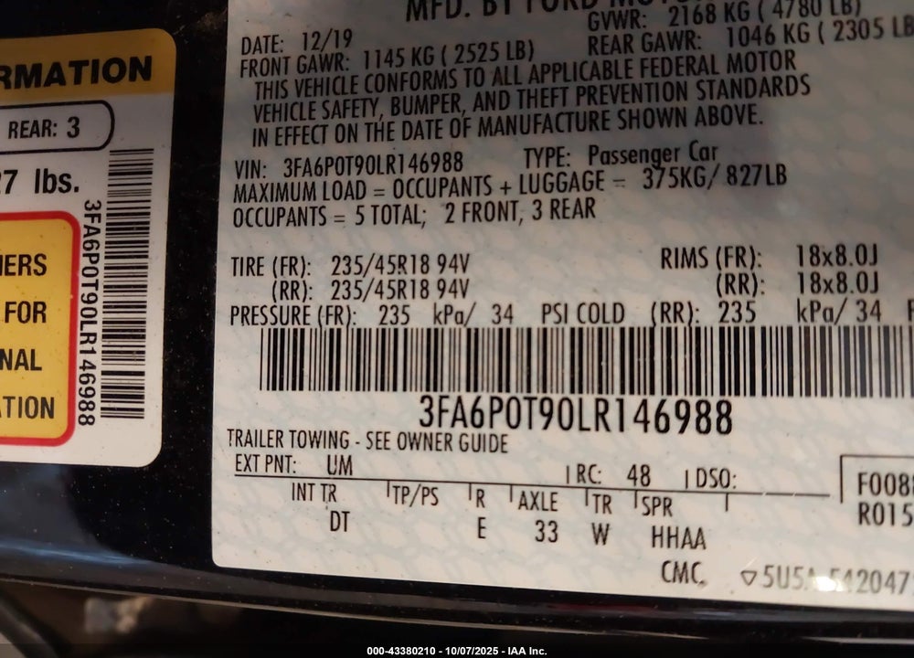 2020 FORD FUSION VIN: 3FA6P0T90LR146988