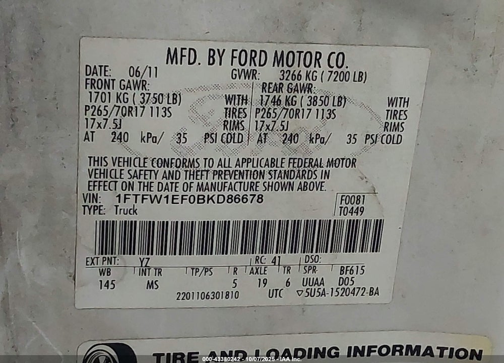 2011 FORD F-150 VIN: 1FTFW1EF0BKD86678