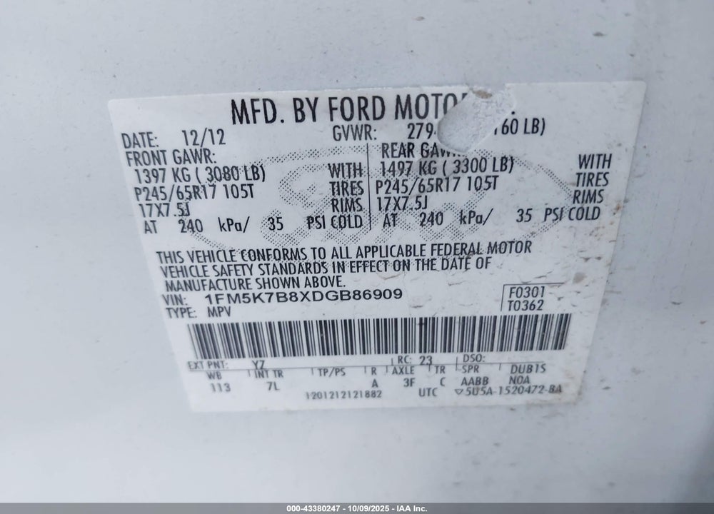 2013 FORD EXPLORER VIN: 1FM5K7B8XDGB86909