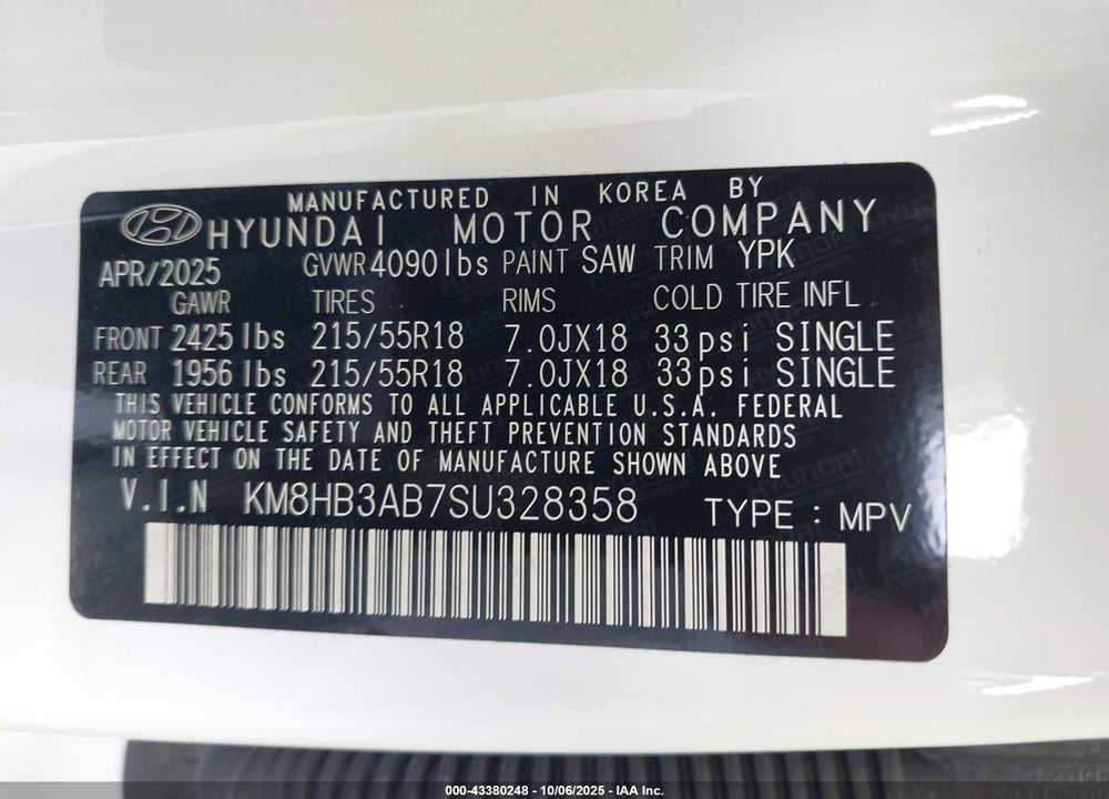 2025 HYUNDAI KONA VIN: KM8HB3AB7SU328358