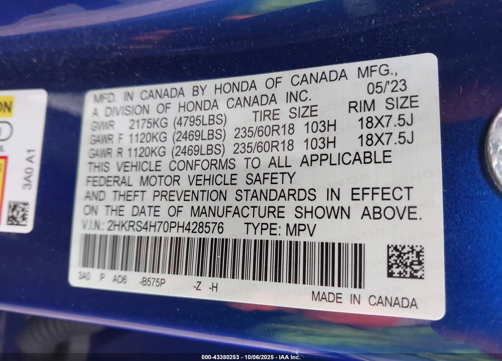 2023 HONDA CR-V VIN: 2HKRS4H70PH428576