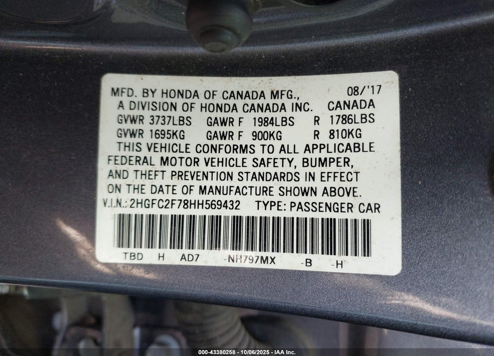 2017 HONDA CIVIC VIN: 2HGFC2F78HH569432
