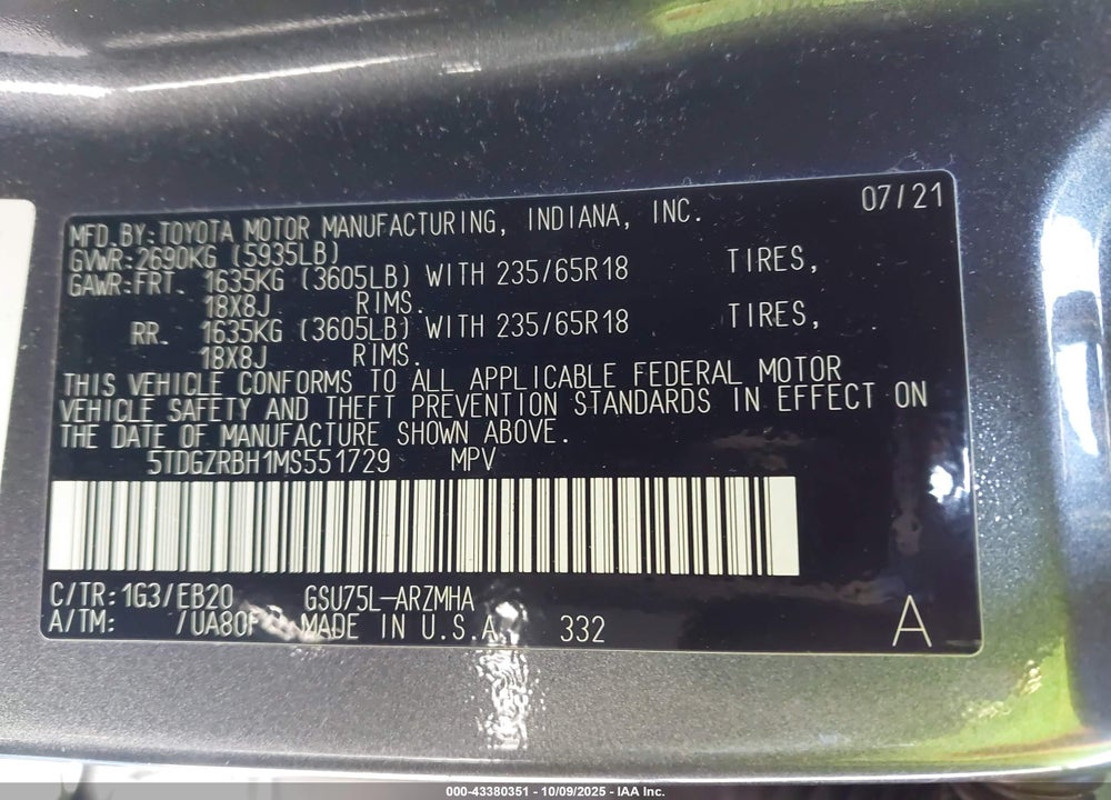 2021 TOYOTA HIGHLANDER XLE VIN: 5TDGZRBH1MS551729