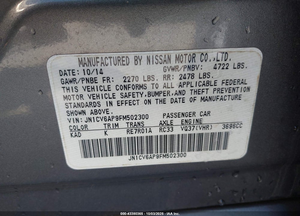 2015 INFINITI Q40 VIN: JN1CV6AP9FM502300