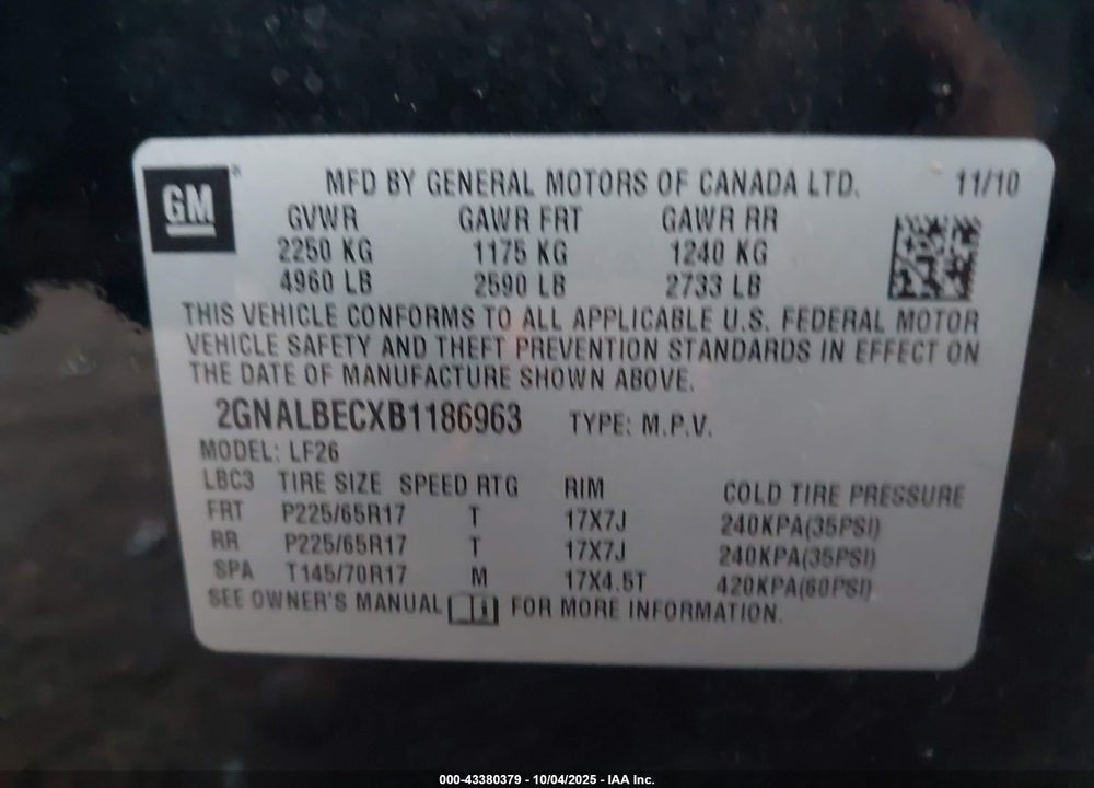 2011 CHEVROLET EQUINOX LS VIN: 2GNALBECXB1186963