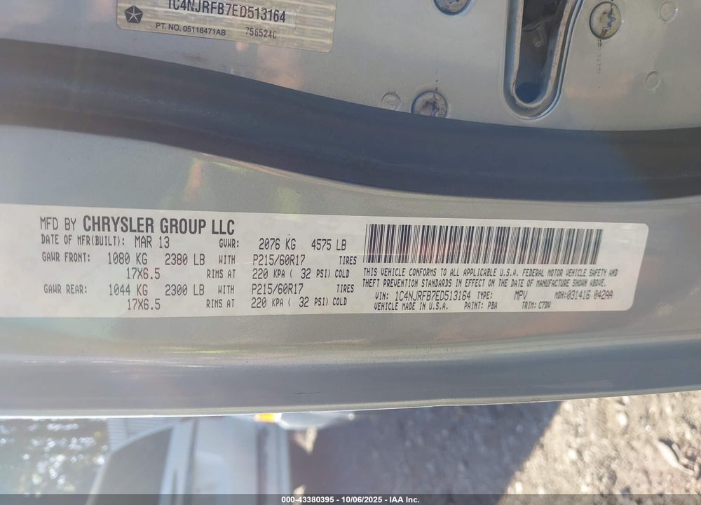 2014 JEEP PATRIOT LATITUDE VIN: 1C4NJRFB7ED513164