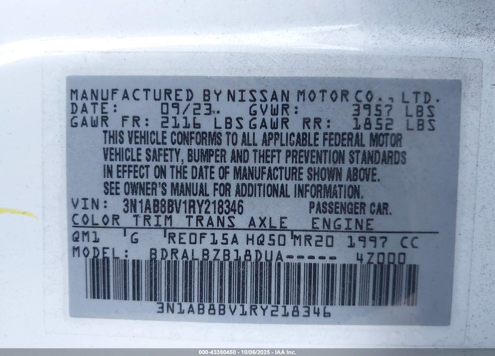 2024 NISSAN SENTRA S XTRONIC CVT VIN: 3N1AB8BV1RY218346