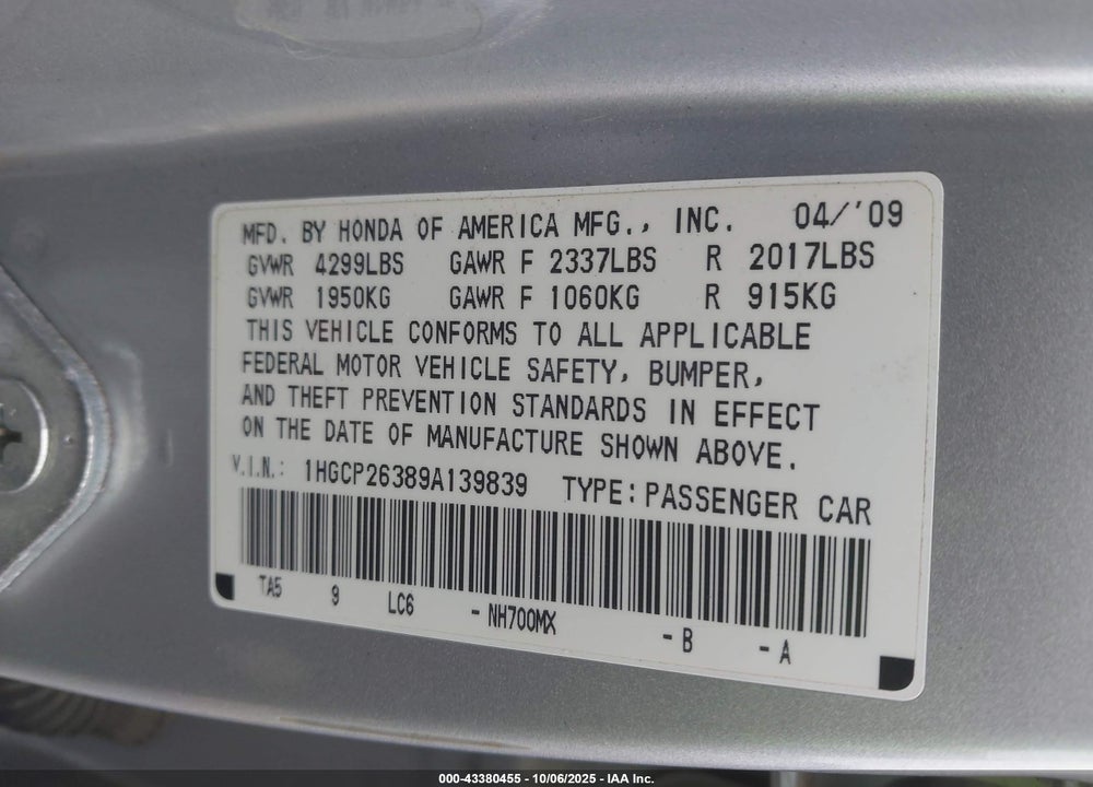 2009 HONDA ACCORD VIN: 1HGCP26389A139839