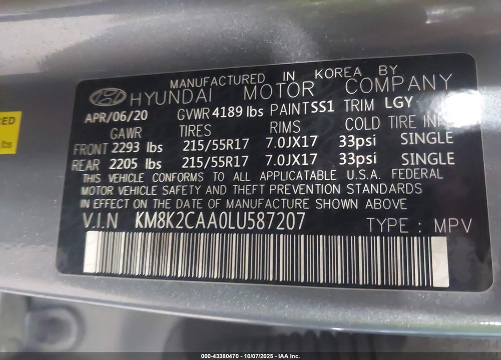 2020 HYUNDAI KONA VIN: KM8K2CAA0LU587207