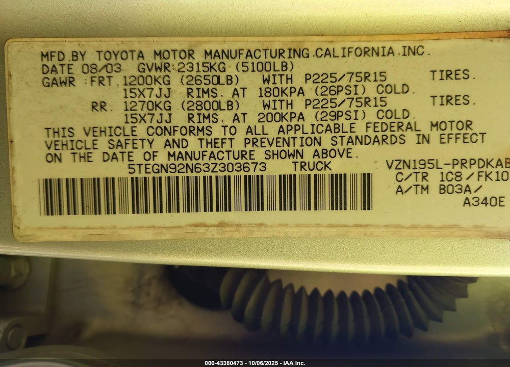 2003 TOYOTA TACOMA VIN: 5TEGN92N63Z303673