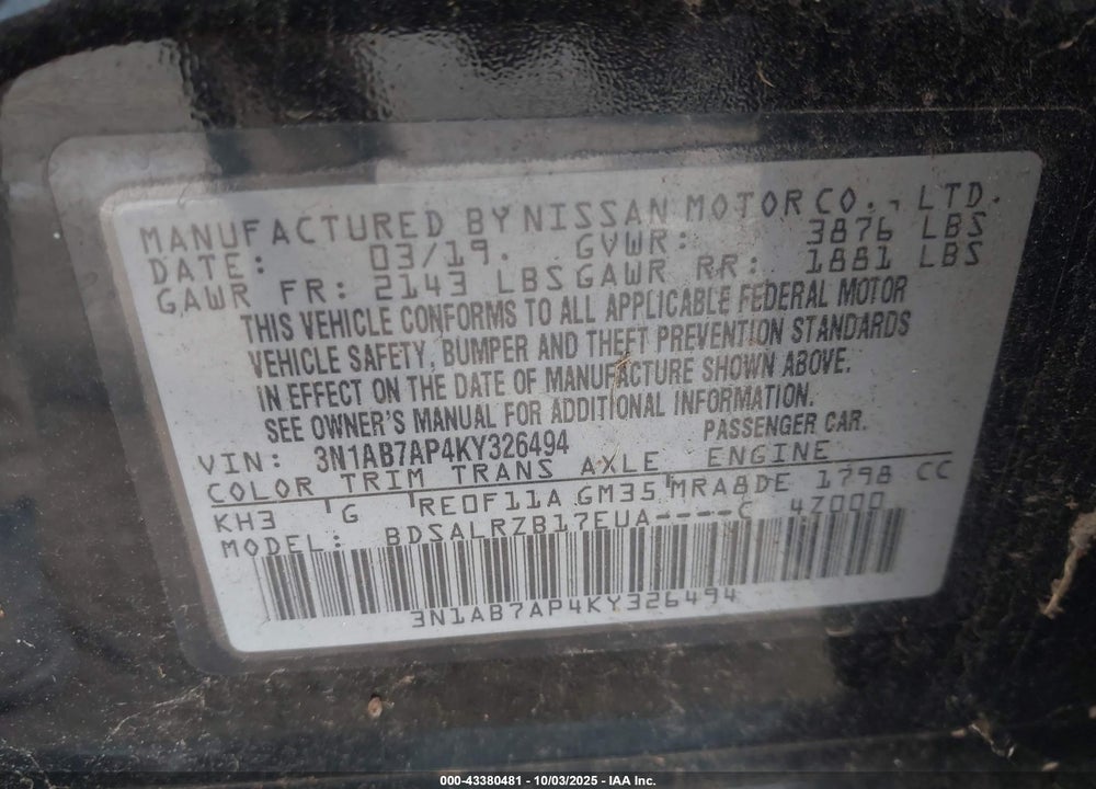 2019 NISSAN SENTRA SR VIN: 3N1AB7AP4KY326494