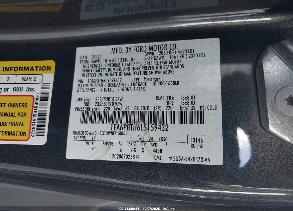 2020 FORD MUSTANG VIN: 1FA6P8TH6L5159432