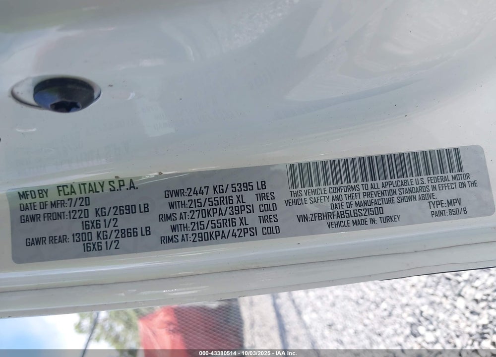 2020 RAM PROMASTER CITY TRADESMAN VIN: ZFBHRFAB5L6S21500