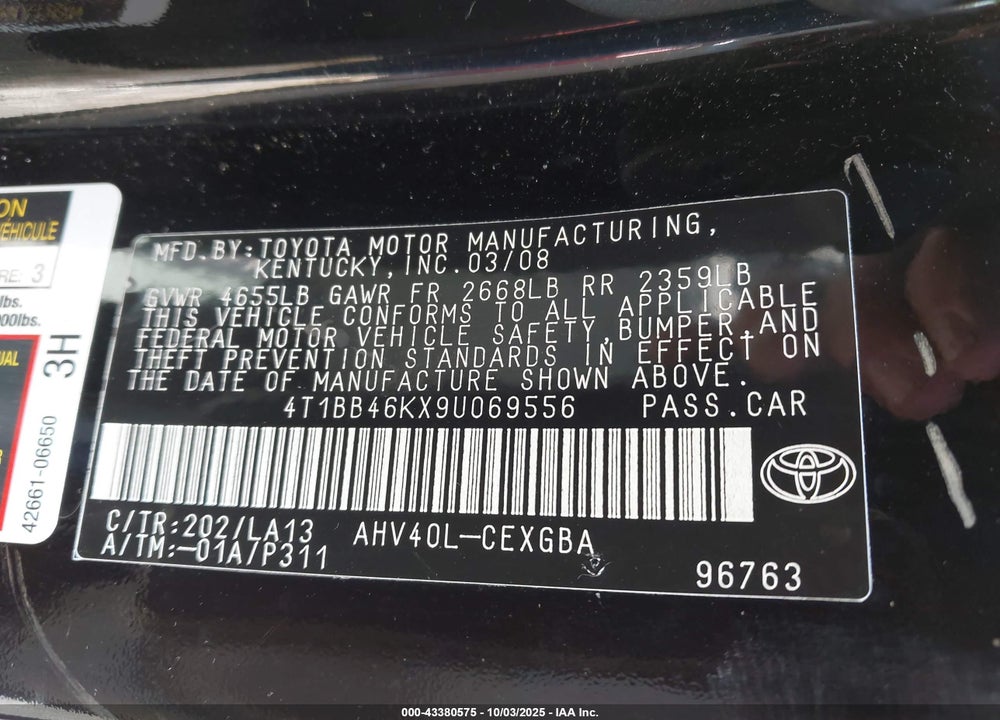 2009 TOYOTA CAMRY HYBRID VIN: 4T1BB46KX9U069556
