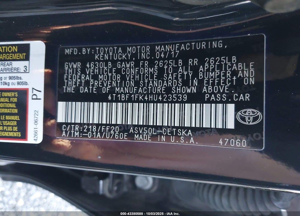 2017 TOYOTA CAMRY VIN: 4T1BF1FK4HU423539
