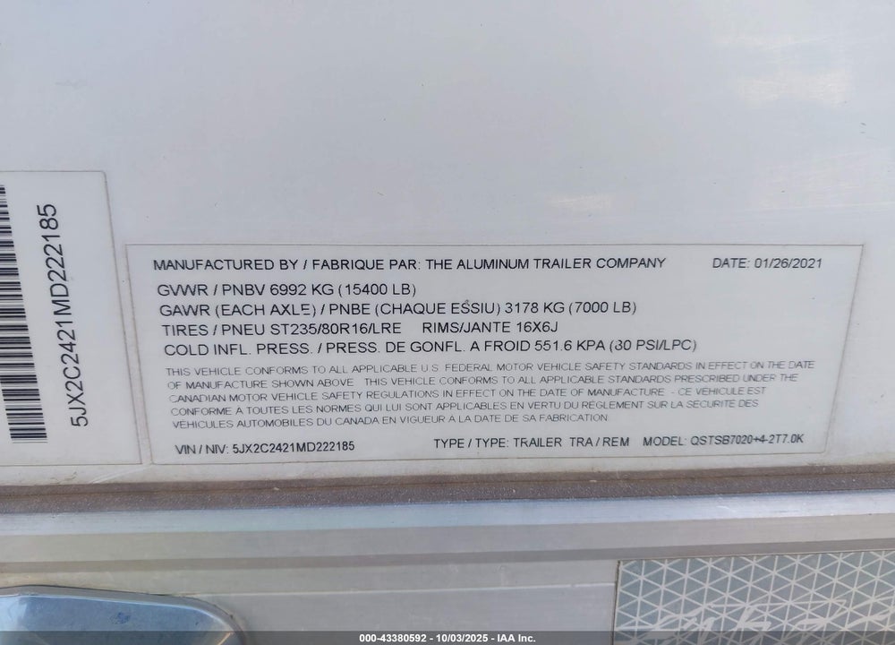 2021 THE ALUMINUM TRAILER COMP QSTSB7020+4-2T7.0K VIN: 5JX2C2421MD222185