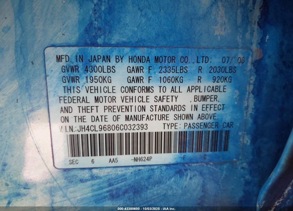2006 ACURA TSX VIN: JH4CL96806C032393