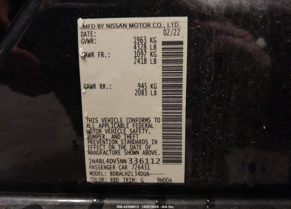 2022 NISSAN ALTIMA SV FWD VIN: 1N4BL4DV5NN336112