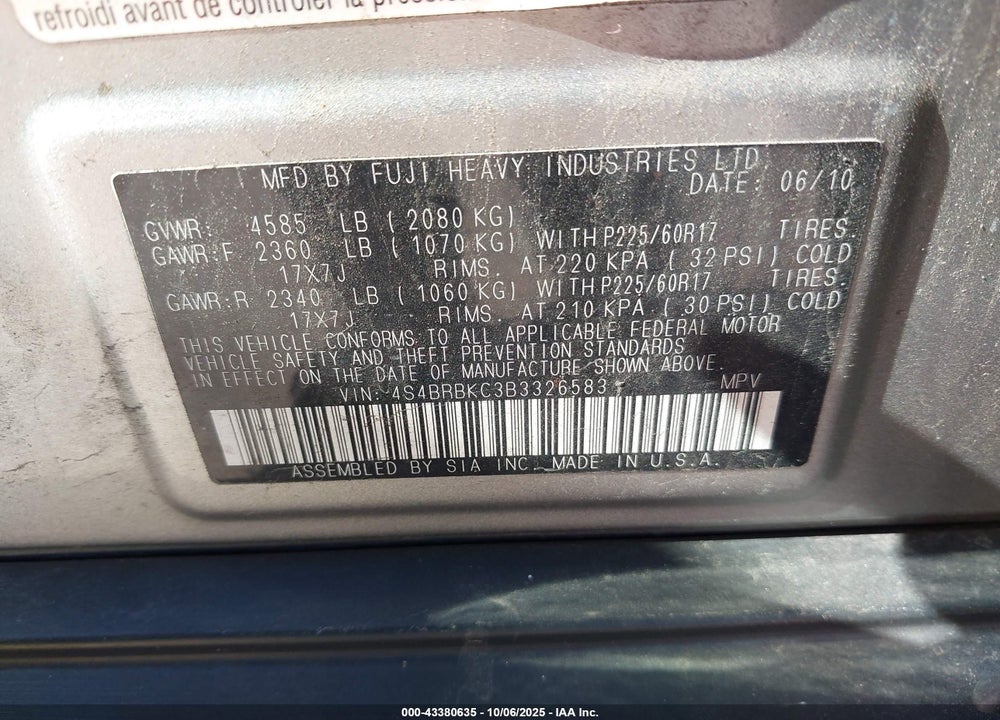 2011 SUBARU OUTBACK VIN: 4S4BRBKC3B3326583