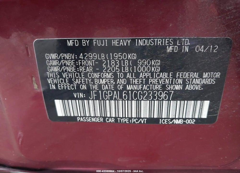 2012 SUBARU IMPREZA VIN: JF1GPAL61CG233967