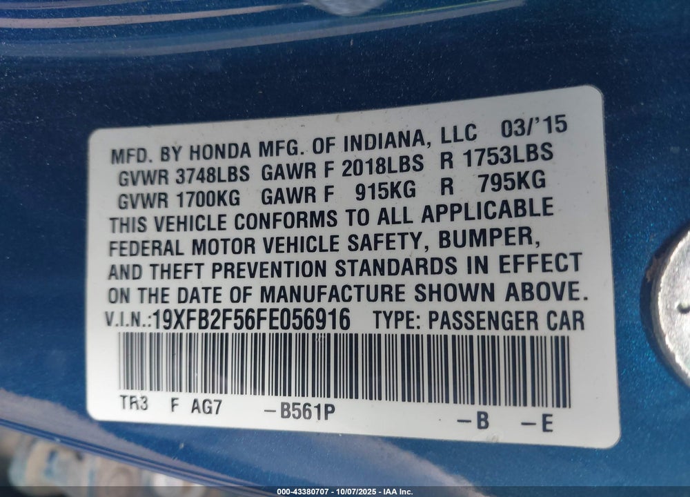 2015 HONDA CIVIC LX VIN: 19XFB2F56FE056916