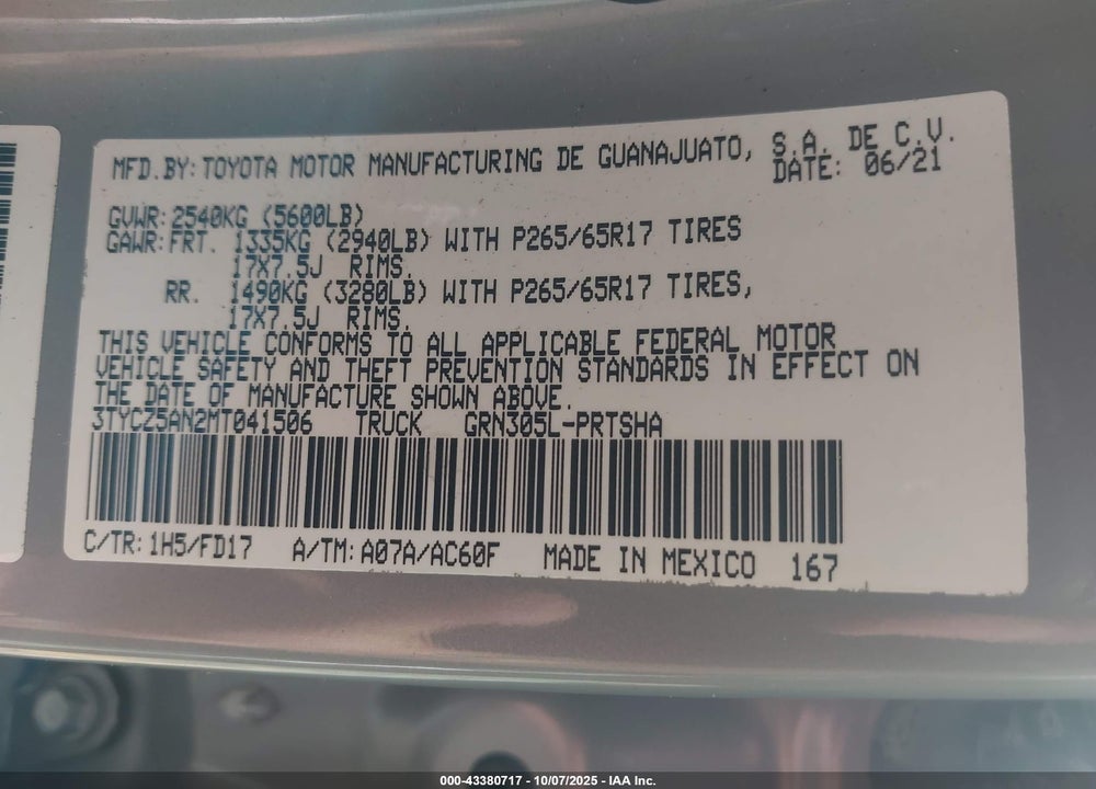 2021 TOYOTA TACOMA VIN: 3TYCZ5AN2MT041506