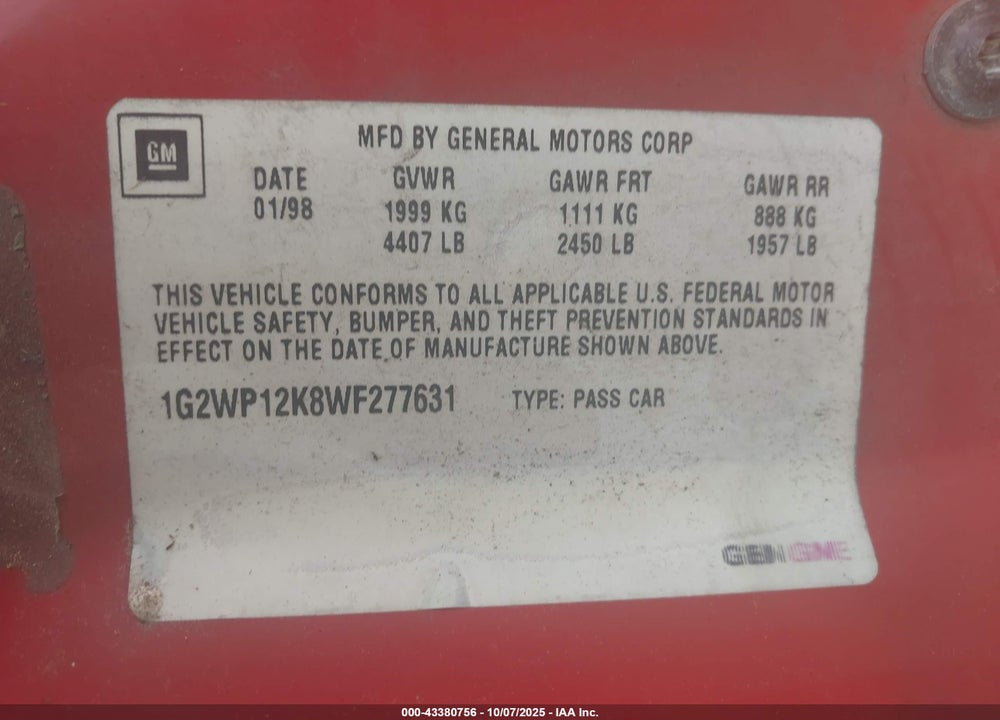 1998 PONTIAC GRAND PRIX GT VIN: 1G2WP12K8WF277631