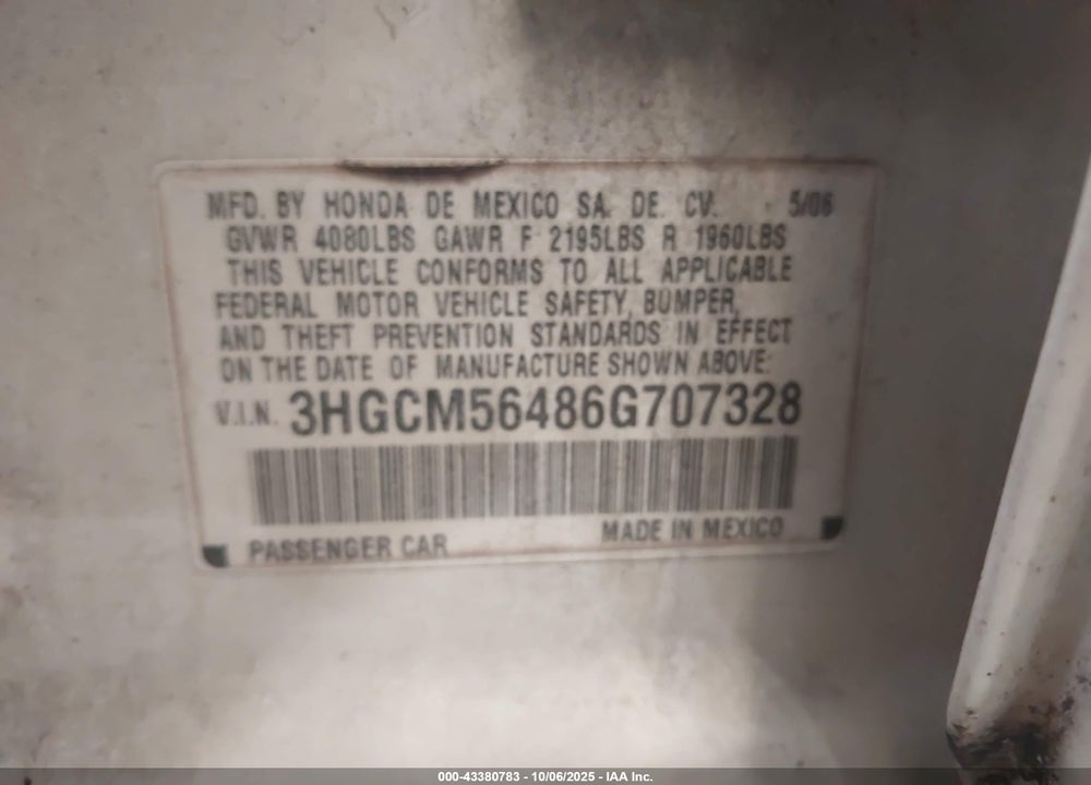 2006 HONDA ACCORD VIN: 3HGCM56486G707328