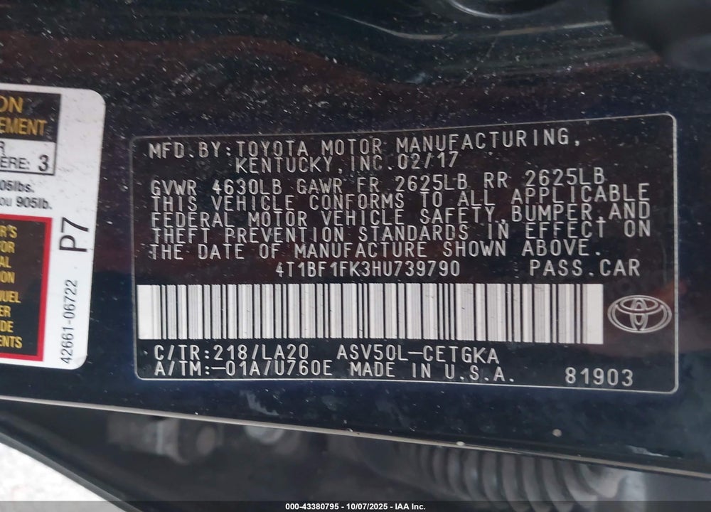 2017 TOYOTA CAMRY VIN: 4T1BF1FK3HU739790
