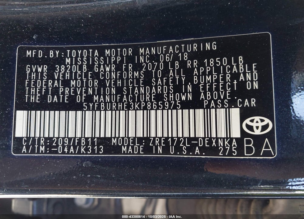 2019 TOYOTA COROLLA LE VIN: 5YFBURHE3KP865975