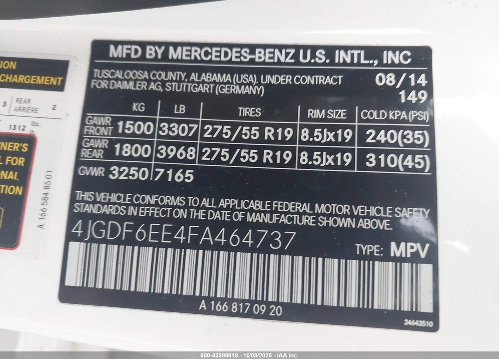 2015 MERCEDES-BENZ GL-CLASS VIN: 4JGDF6EE4FA464737