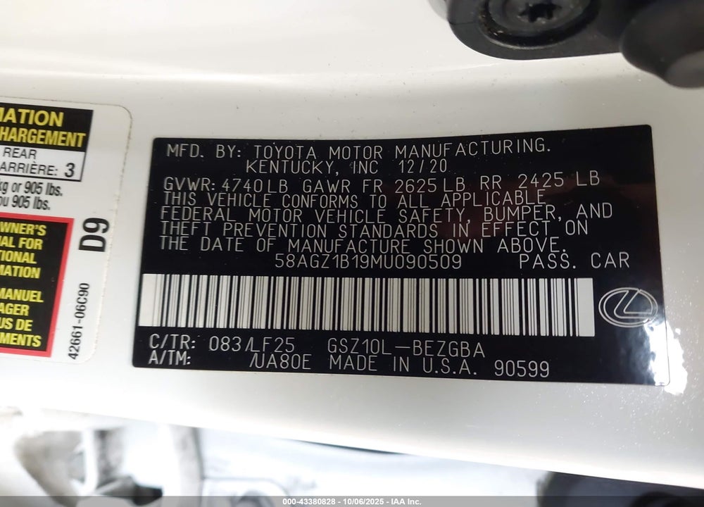 2021 LEXUS ES 350 F-SPORT VIN: 58AGZ1B19MU090509