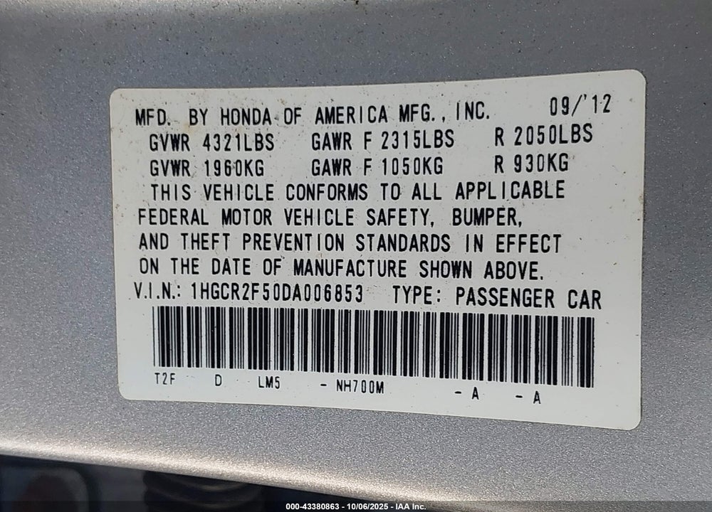 2013 HONDA ACCORD VIN: 1HGCR2F50DA006853
