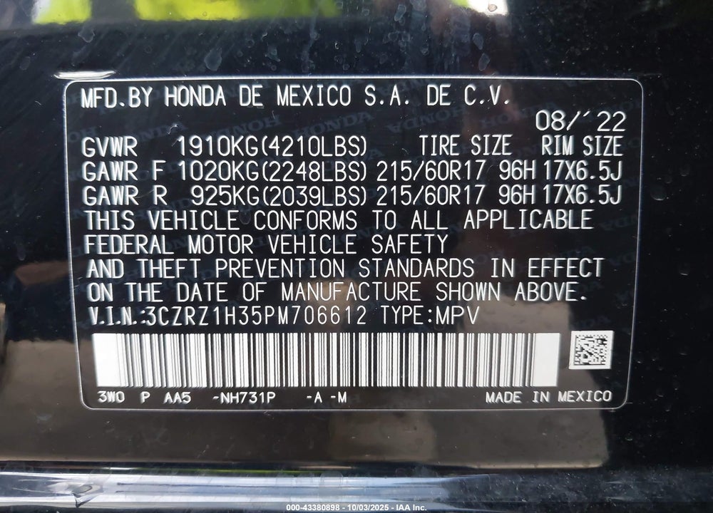 2023 HONDA HR-V 2WD LX VIN: 3CZRZ1H35PM706612