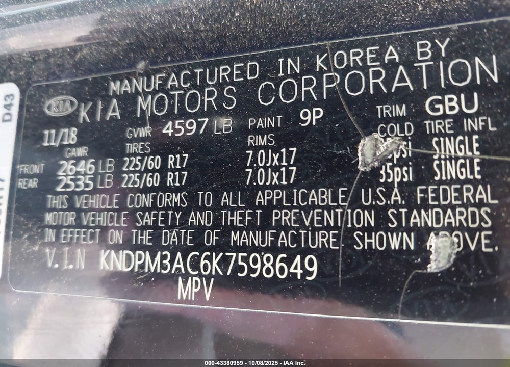 2019 KIA SPORTAGE LX VIN: KNDPM3AC6K7598649