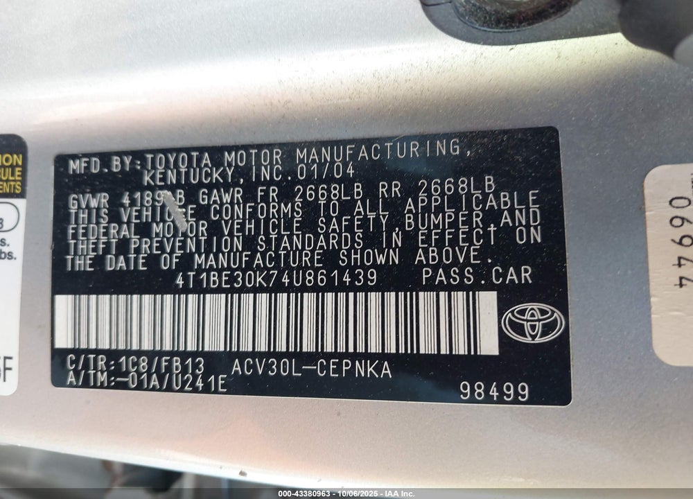 2004 TOYOTA CAMRY LE VIN: 4T1BE30K74U861439