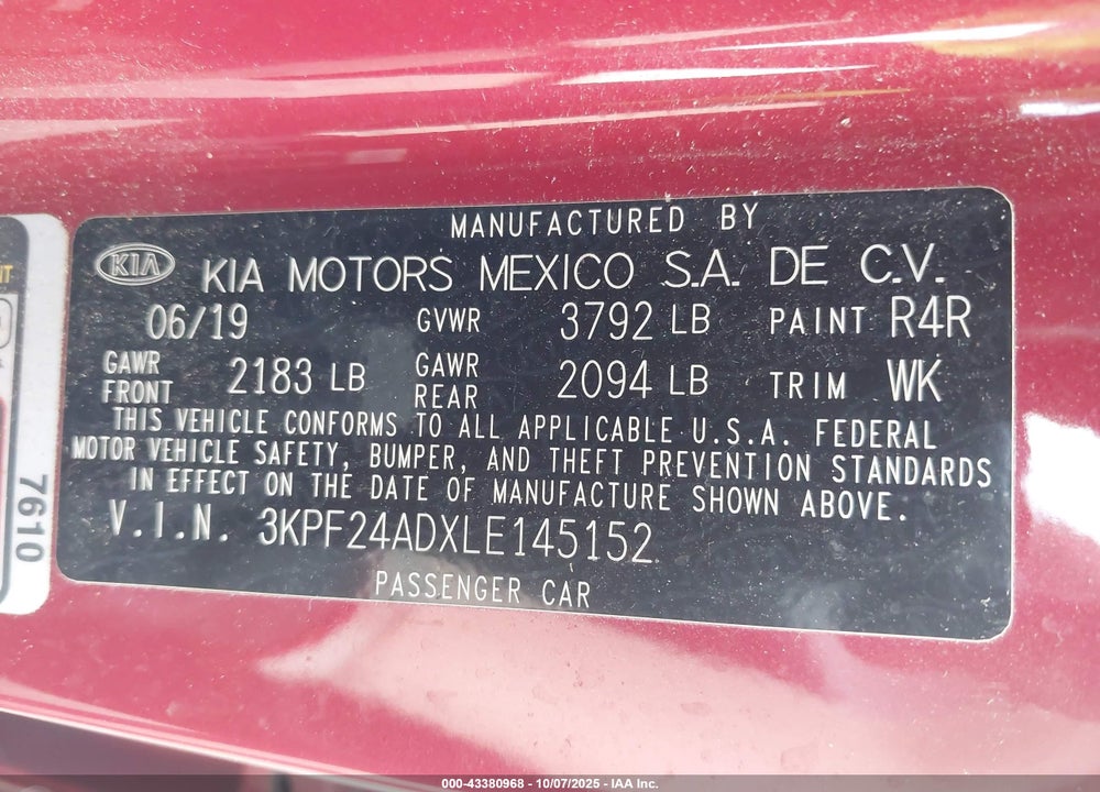 2020 KIA FORTE VIN: 3KPF24ADXLE145152