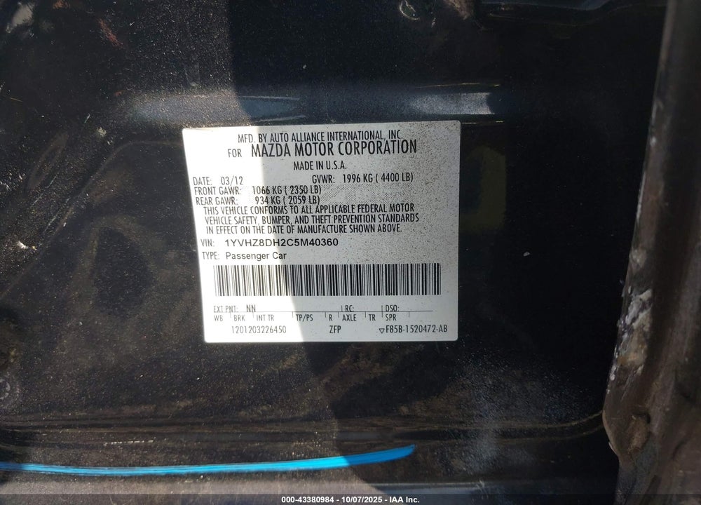 2012 MAZDA 6 VIN: 1YVHZ8DH2C5M40360