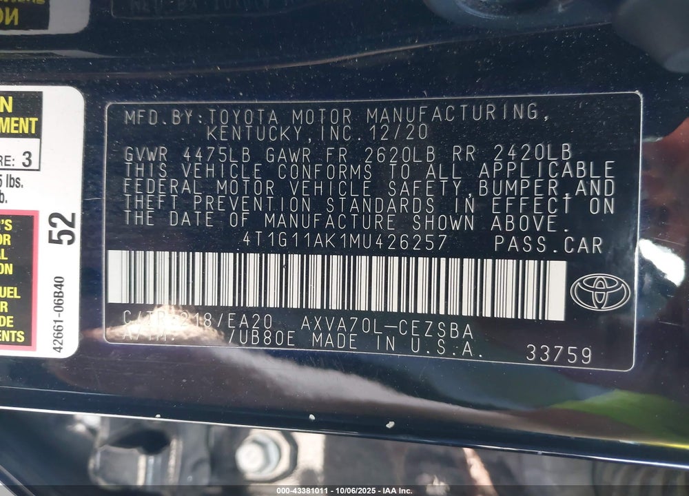 2021 TOYOTA CAMRY SE VIN: 4T1G11AK1MU426257